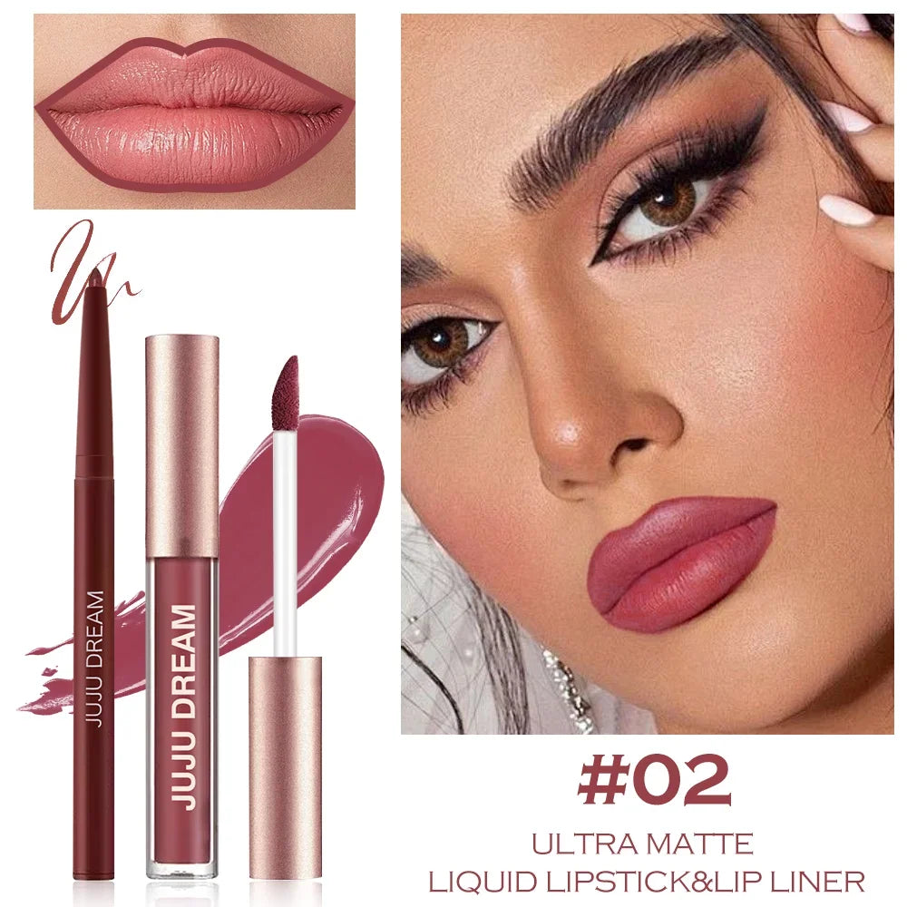 2-Piece Matte Lip Gloss & Lip Liner Set, Long-Lasting Cup-Shaped Formula Glides On Smoothly, Perfect For Everyday Makeup Looks.