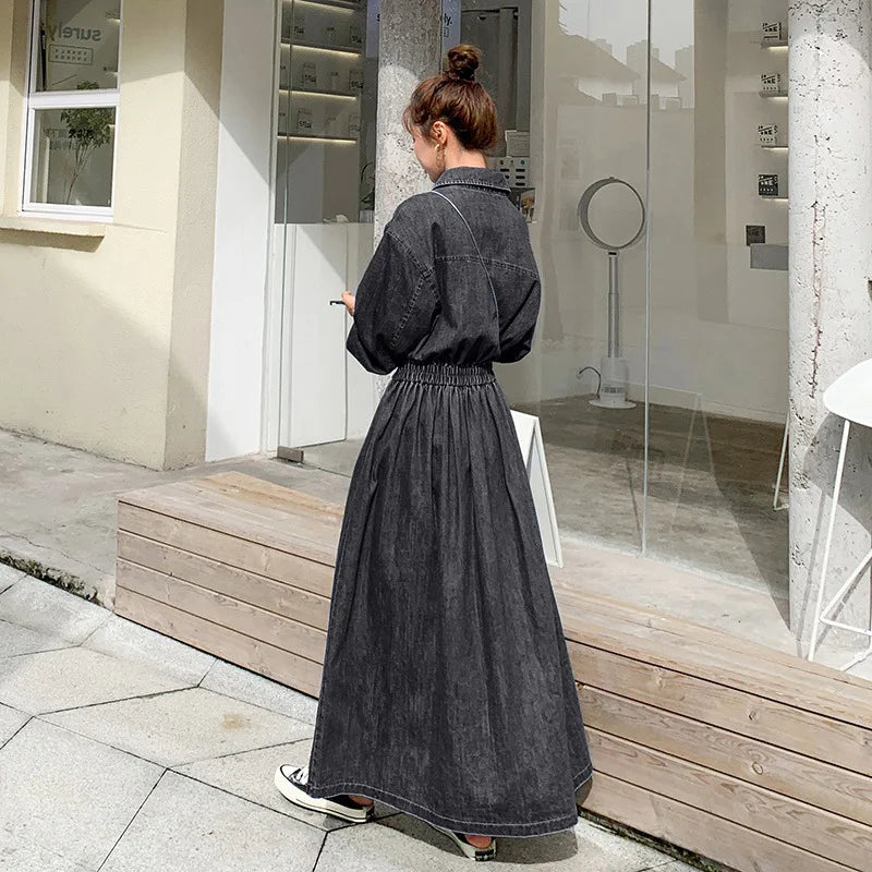 Denim long dress women A-line high waisted long sleeves casual roupas femininas