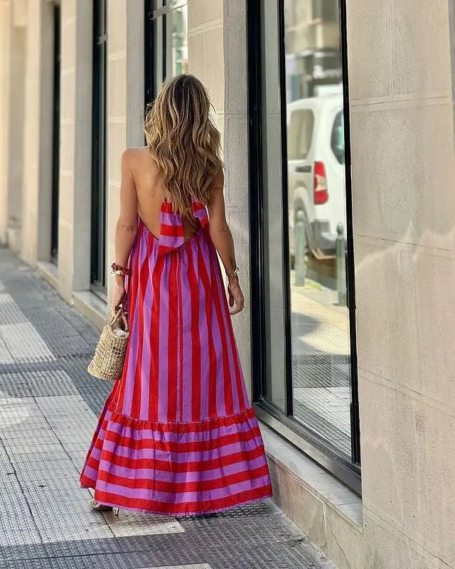 Summer New Sleeveless Neck Hanging Pink Dress Women's Long Dress With Backless Straps Loose Striped Printed A-line Skirt 2026