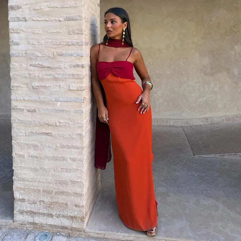 Color Block Twist Bust Slit Maxi Dress Spaghetti Strap Form-Fitting 2026 Summer Fashion Chic Bold Women Wedding Guest Gala Dress