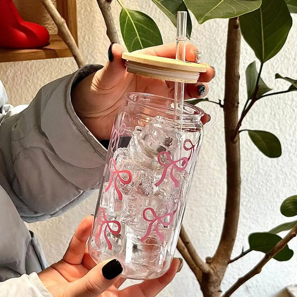 500ml Pink Bow Plastic Cups With Lids And Straws Reusable Bow Aesthetic Cup For Drinking Coffee Tea Cocktail For Party Support