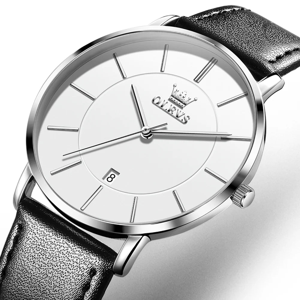 OLEVS 5869 Ultra Thin 6.5mm Quartz Watch for Men Fashion Leather Strap Simple Luxury Auto Date Clock Men's Wristwatch Waterproof