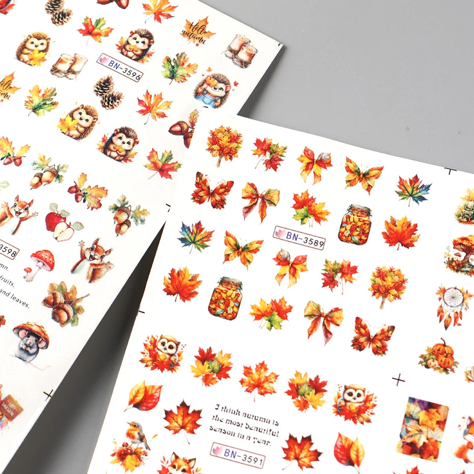 Autumn Maple Leaves Nail Art Stickers Sliders Hedgehog Squirrel  Fall Leaf Turkey Nail Water Transfer Sticker Decal Decorations