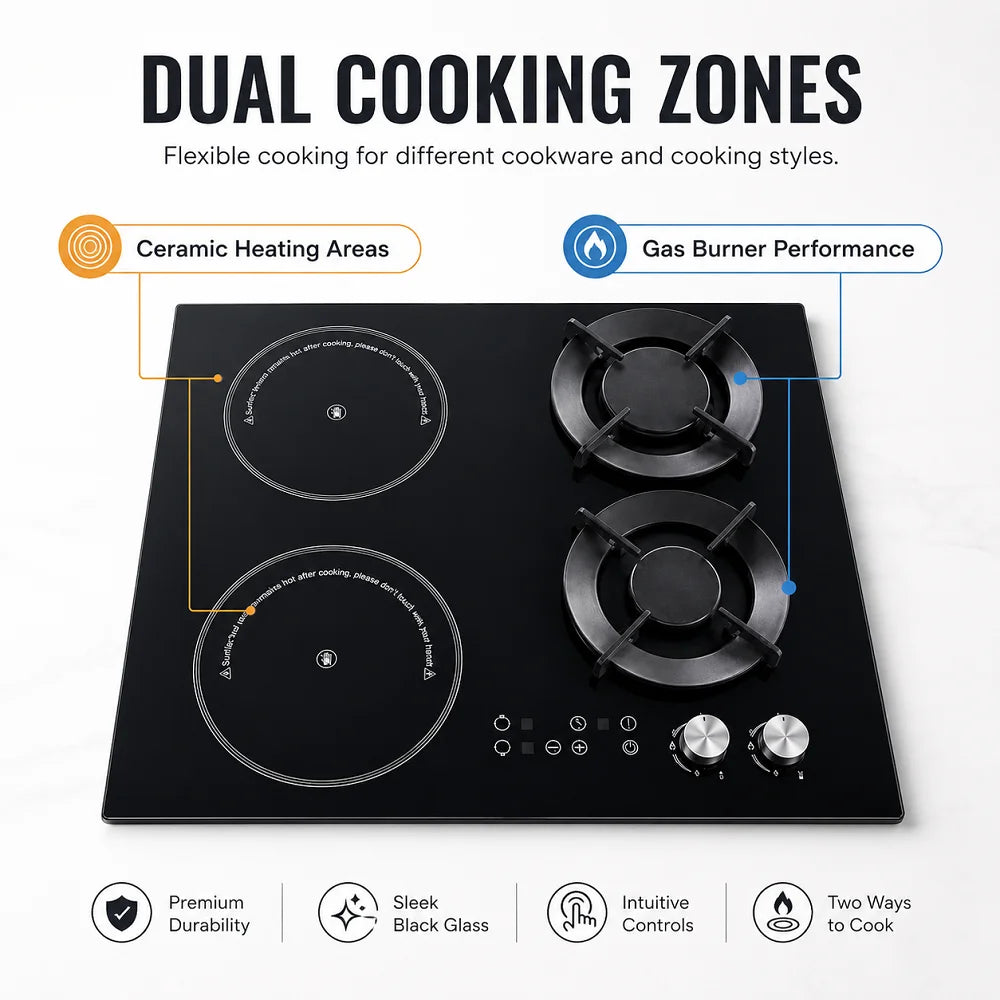 Hybrid Built-in Gas & Electric Cooktop, 2 Gas Burners + 2 Ceramic Glass Zones, Wholesale Cooker