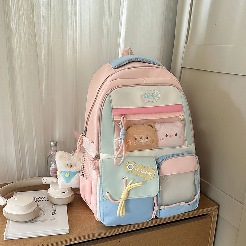Women's Pastel Color Block Backpack Clear Display Pockets Plush Charm Bow Detail Adjustable Strap Casual Daily Itabag School Bag
