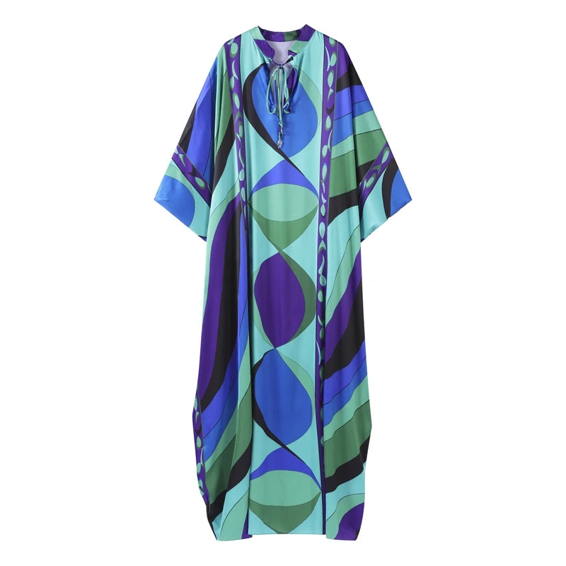 Casual Vacation Long Puff Sleeve V-neck Beach Dresses Fashion Printed Oversize Maxi Dress Women Lady Summer Bohemia Party Robes