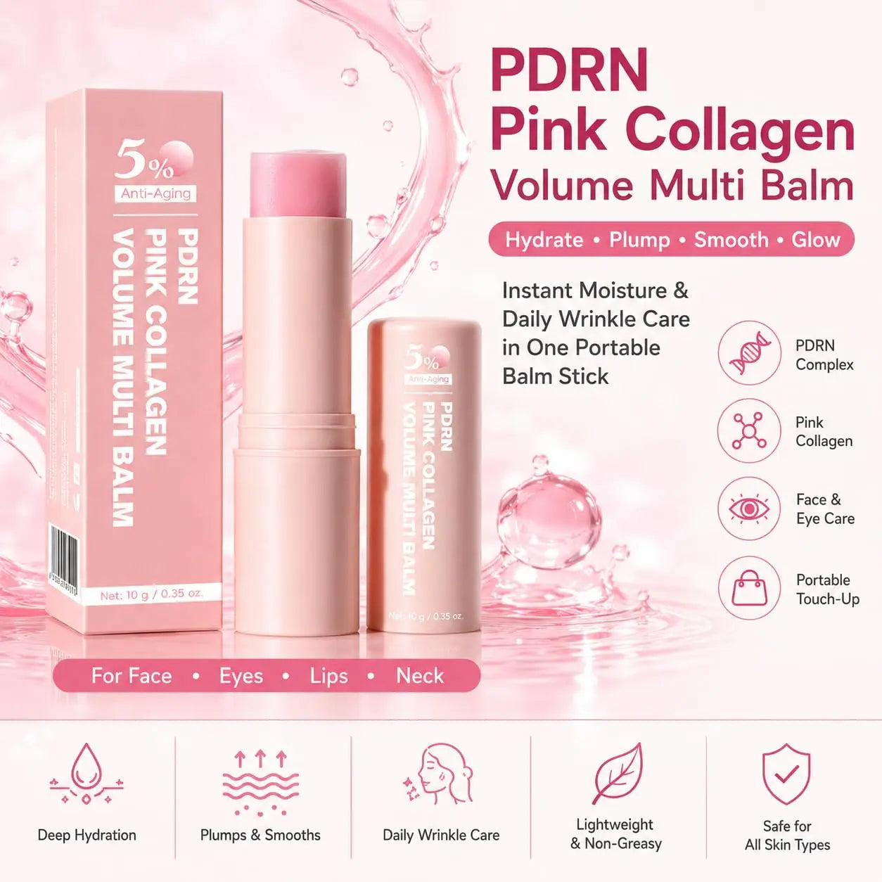 PDRN Pink Collagen Volume Multi Balm Stick Hydrating Wrinkle Cream NAD Stick for Face,Under Eyes, Lips Fine Lines, Firming Care