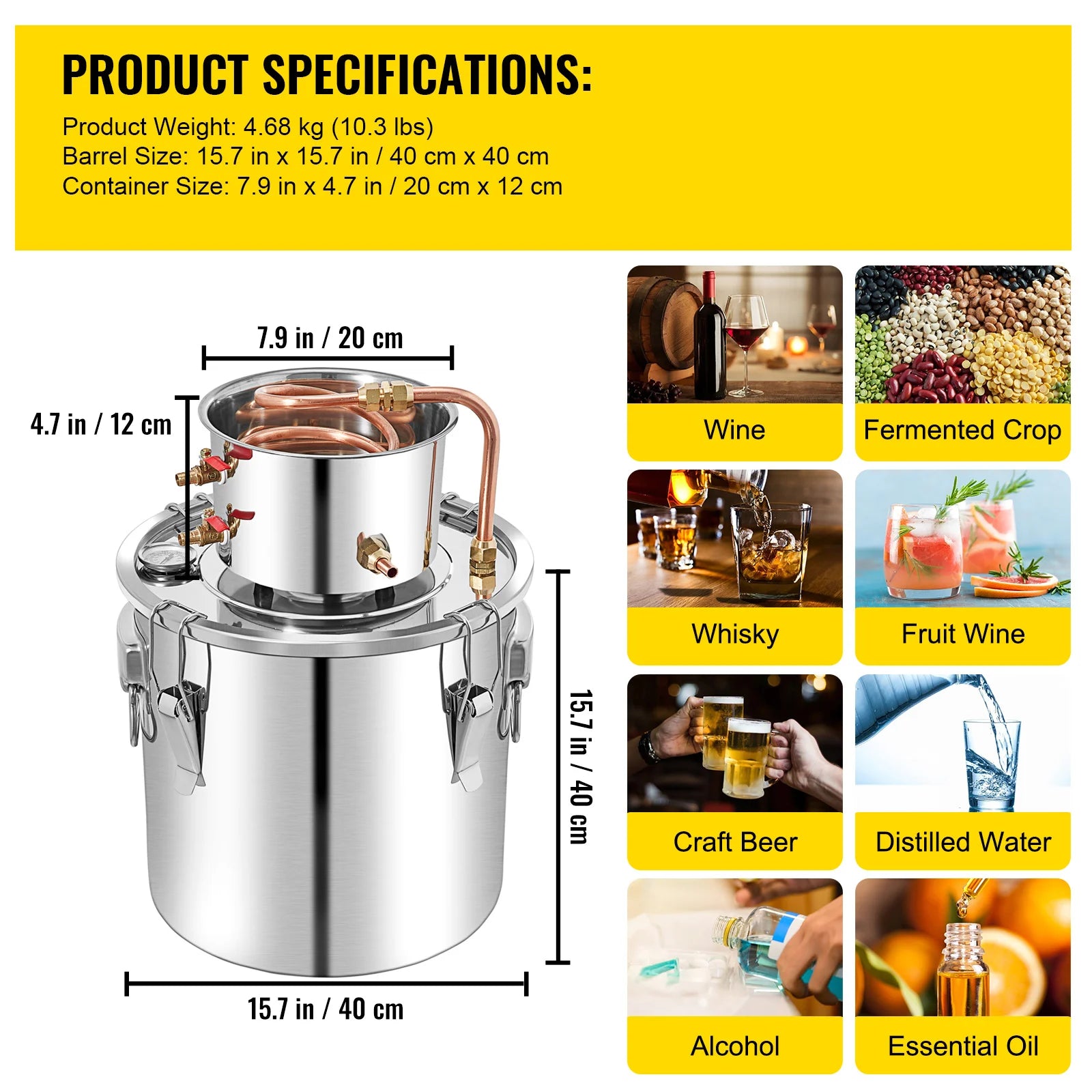 SucceBuy 50L Alcohol Still Stainless Steel Water Alcohol Distiller with Condenser 13.2Gal Wine Making Boiler with Copper Tube