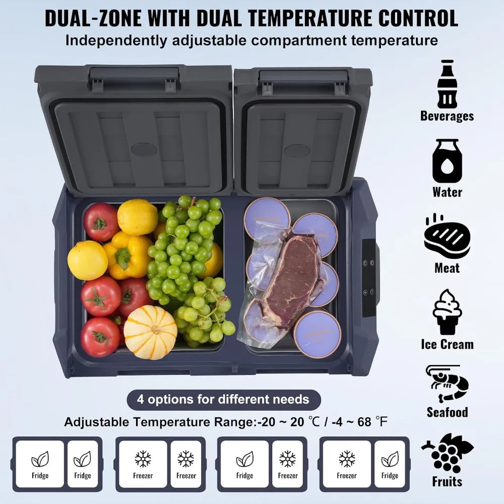 32L Dual Zone Car Refrigerator, Portable Freezer, -20°C to 20°C, 12/24V DC & 100-240V AC, Compressor Cooler for Camping RV