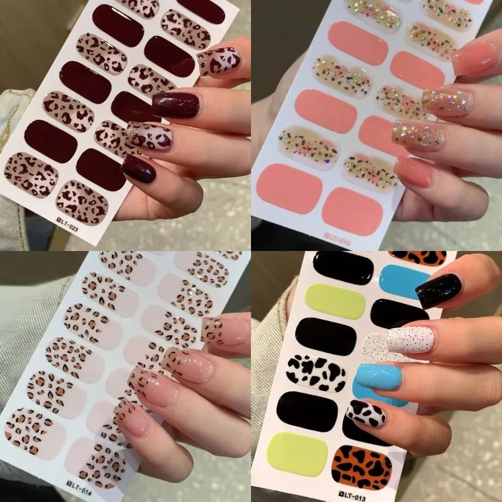 32 Strips Autumn Nail Stickers Semi Cured Full Cover Gel Nail Polish Strips Manicure Leopard Print Nail Patch