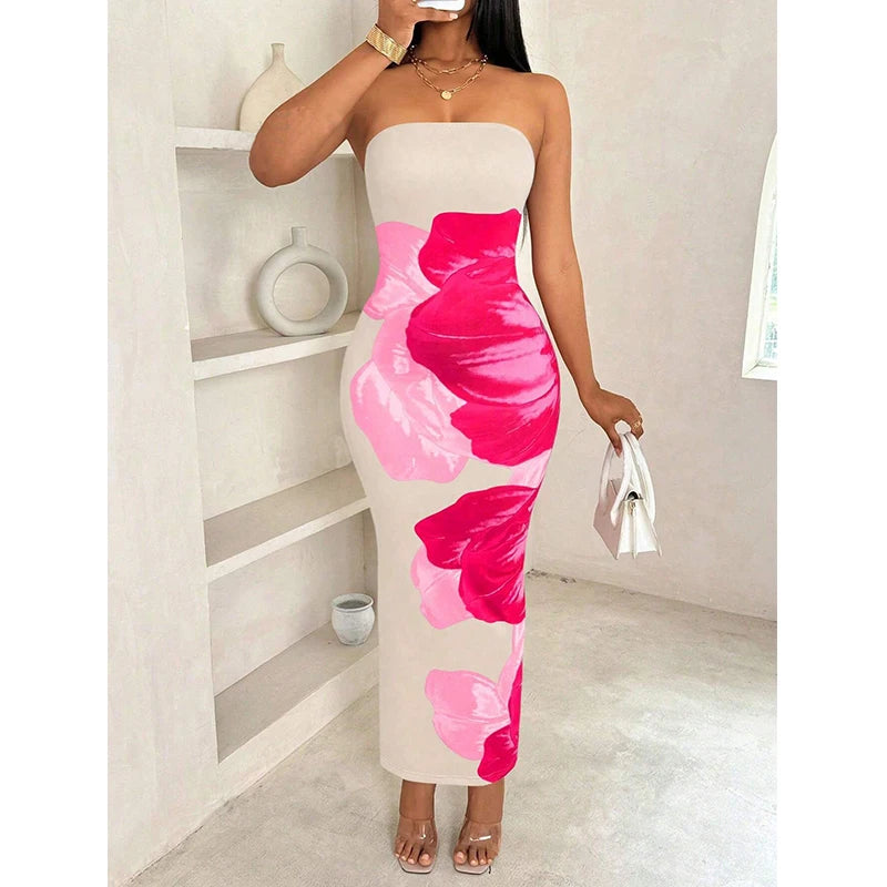 Women's fashion ins sexy ethos elegant slim-fit print with chest spread and slit bag buttock long dress