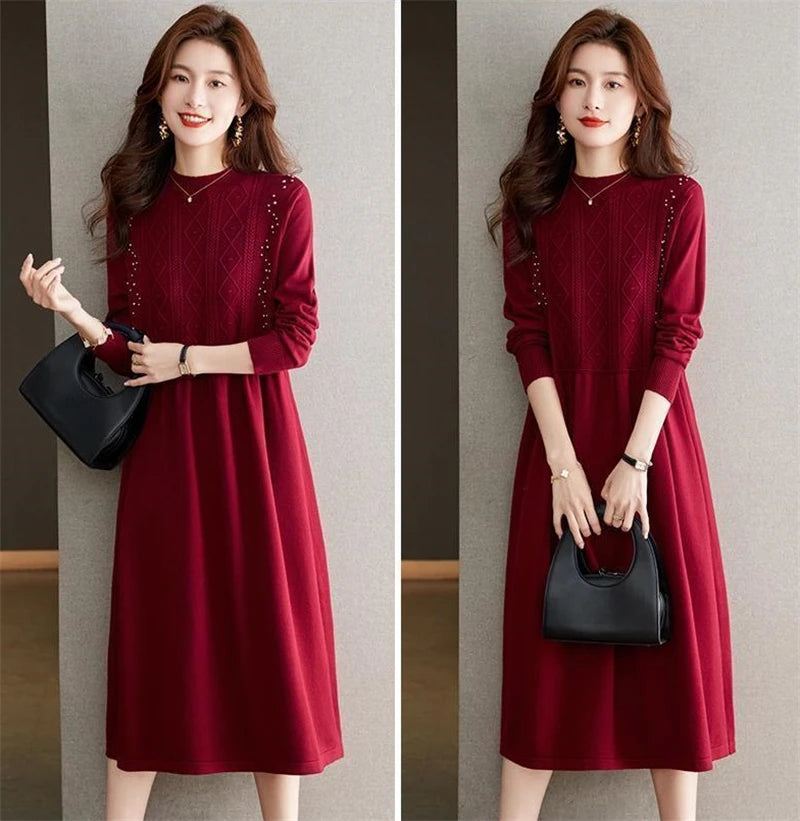 New Knitting Vestidos Women's 2024 Spring Autumn Mid Length Version Ladies Sweater Dress Temperament Lady Bottoming Skirt