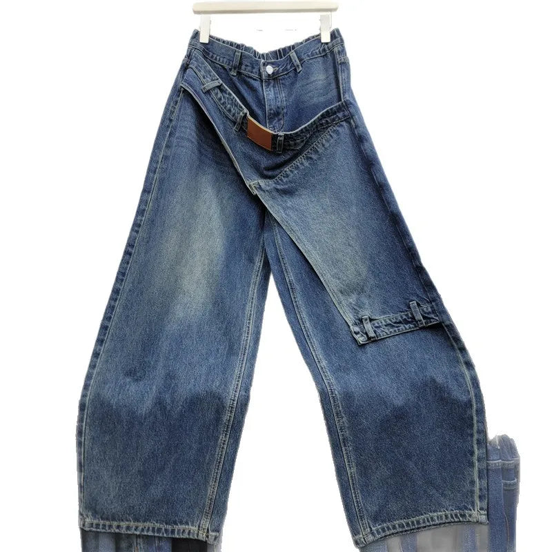 American Retro Hot Chick New Spring Autumn Wide Leg Jeans Personality Denim Splicing All-match High Waist Blue Straight Pants
