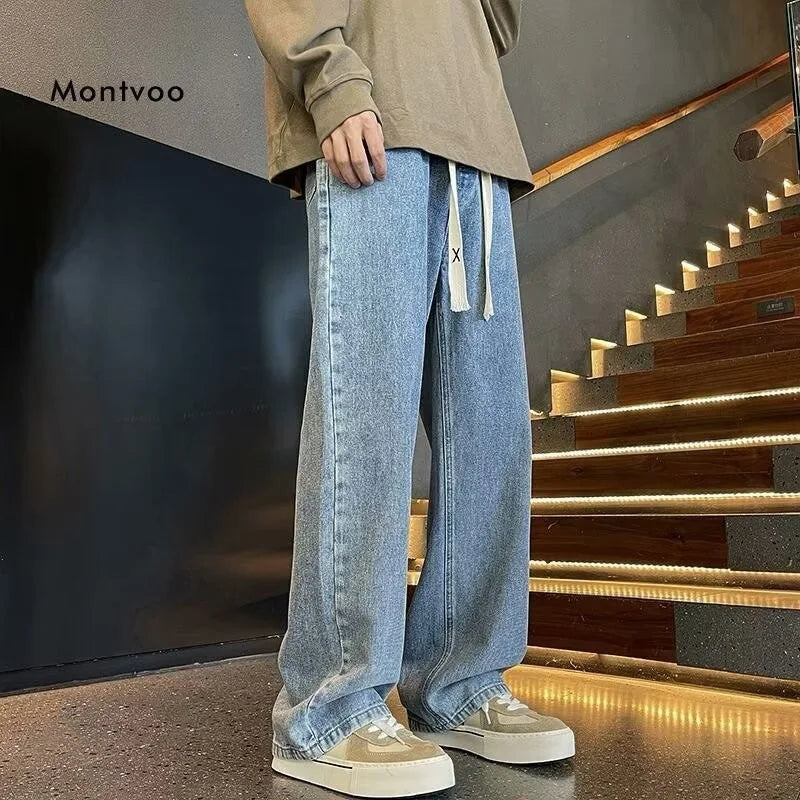 Black Vintage Men Jeans Spring Trend Straight Elastic Waist Wide Leg Denim Pants Male Daily High Street Comfortable Trousers