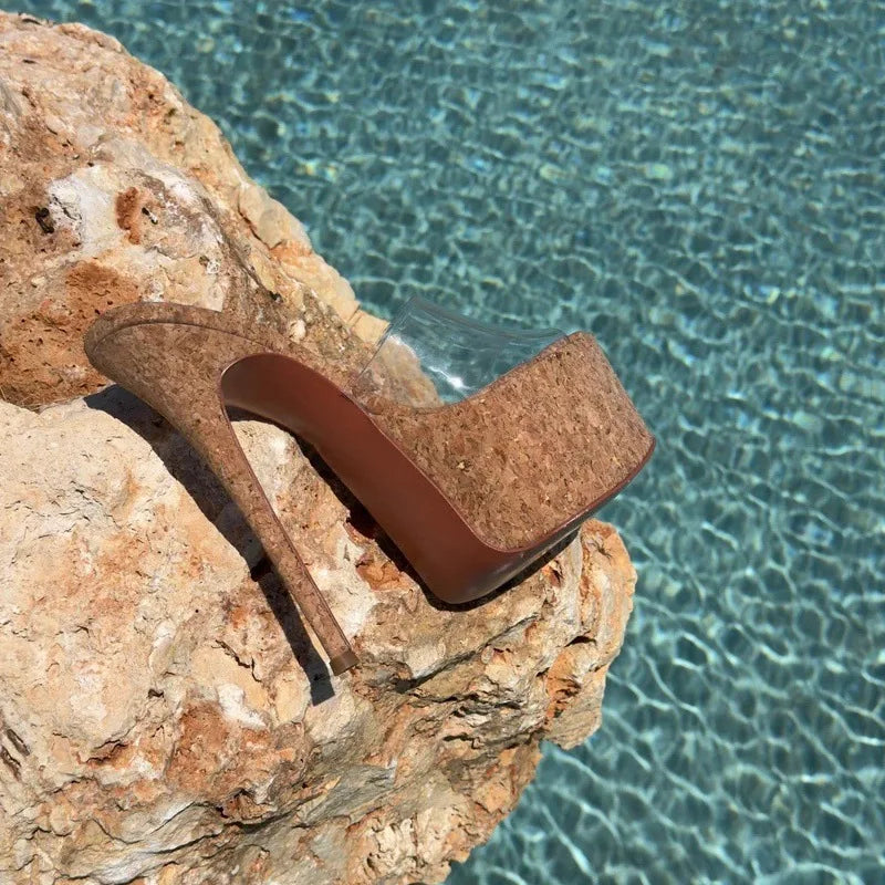 Summer New Women's Cork Textured Platform Pointed Toe Mule Sandals PVC Single Strap Thin Heel Slip On Beach Fashion Slippers