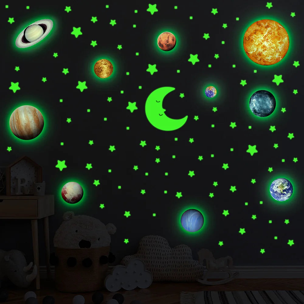 Glow in The Dark Planets Wall Stickers Kids Bedroom DIY Luminous Stars Decals Mural Self-adhesive Room Ceiling Aesthetic Decor