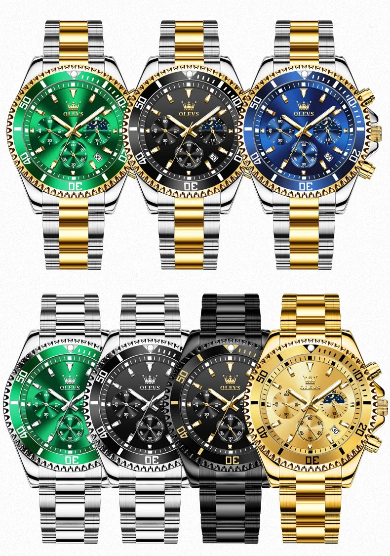 OLEVS 2870 Gold Men Watch Luxury Original Diving Series Men Watch Calendar Moon Phase Chronograph Sport Men Quartz Watch Gift
