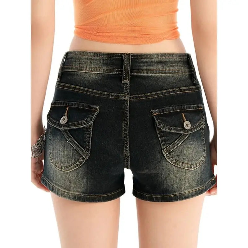 Retro Blue Grey Slimming Elastic American Style Hot Girl Summer New Mid Waist Jeans Shorts Women Casual Basic Style Denim
