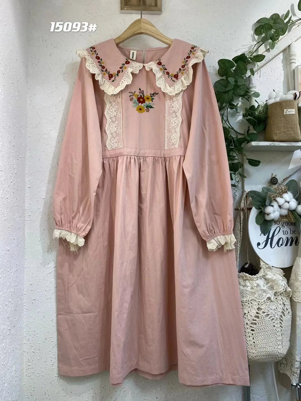 Mori Girl Floral Embroidery Cotton Linen Dress for Women, Autumn Lace, Peter Pan Collar, Kawaii Dress, Casual Long Sleeve Sundre