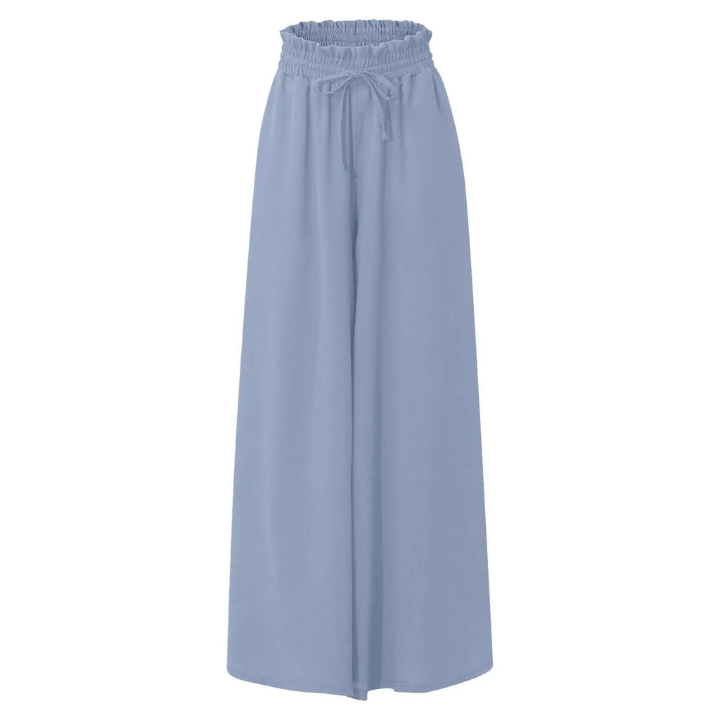 Summer Women Elastic High Waist Drawstring Solid Wide Leg Pants Loose Casual Flowy Pocket Trousers Female Daily Beach Long Pants