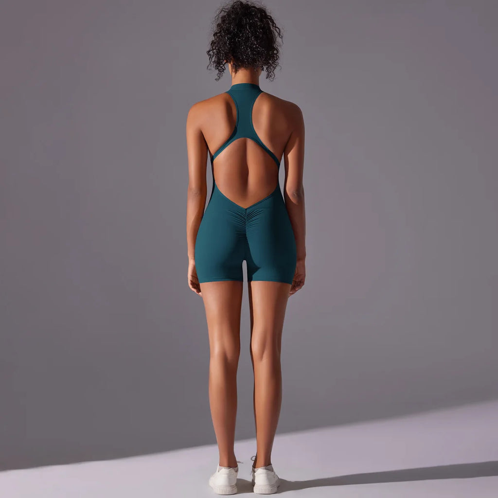 Women's High Neck Zip-Up Yoga Bodysuit, Sleeveless Hollow Back Scrunch Butt Lifting Romper, Buttery Soft Workout Activewear