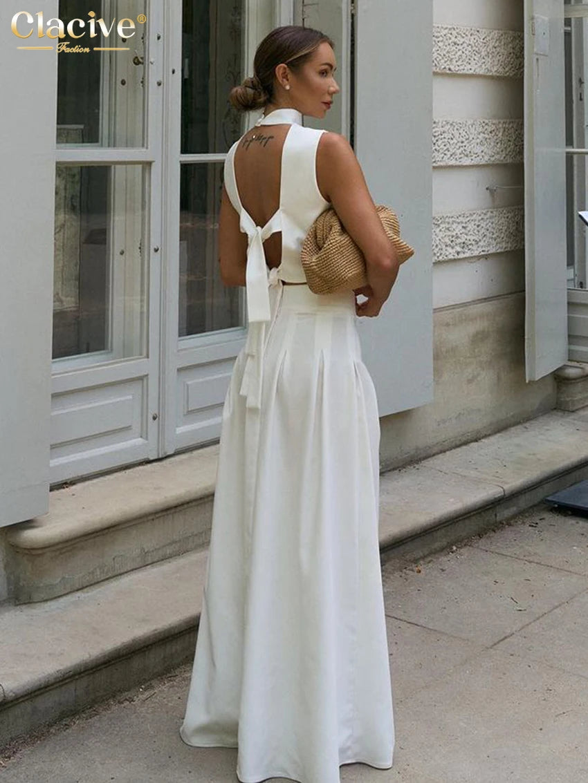 Clacive Summer Loose White 2 Piece Sets Woman Outfit 2025 Fashion Sleeveless Tank Top With High Waist Long Skirt Set Streetwear