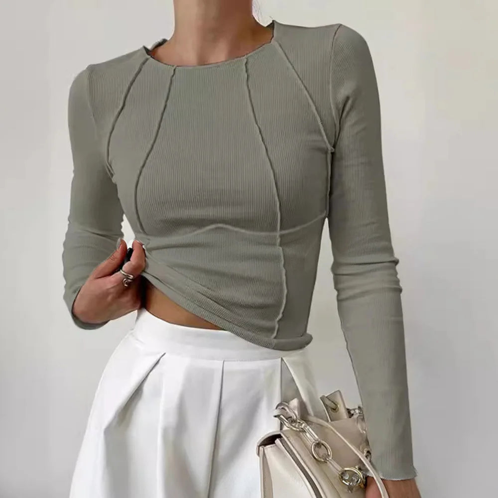 2025 Lady shirt Fall Winter Women's Slim Fit Casual Round Neck Basic Pullover Chest Shape Stitching Long Sleeve Sports Shirt
