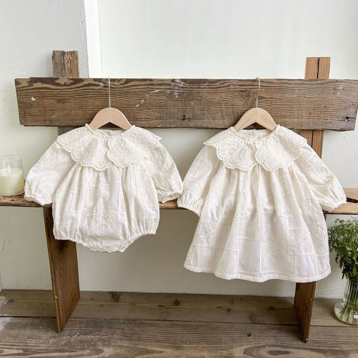 Autumn Newborn Infant Baby Girls Lace Lapel Romper Sister  Embroidery Dresses Muslin Rompers Kids Onepiece Fashion Baby Clothing