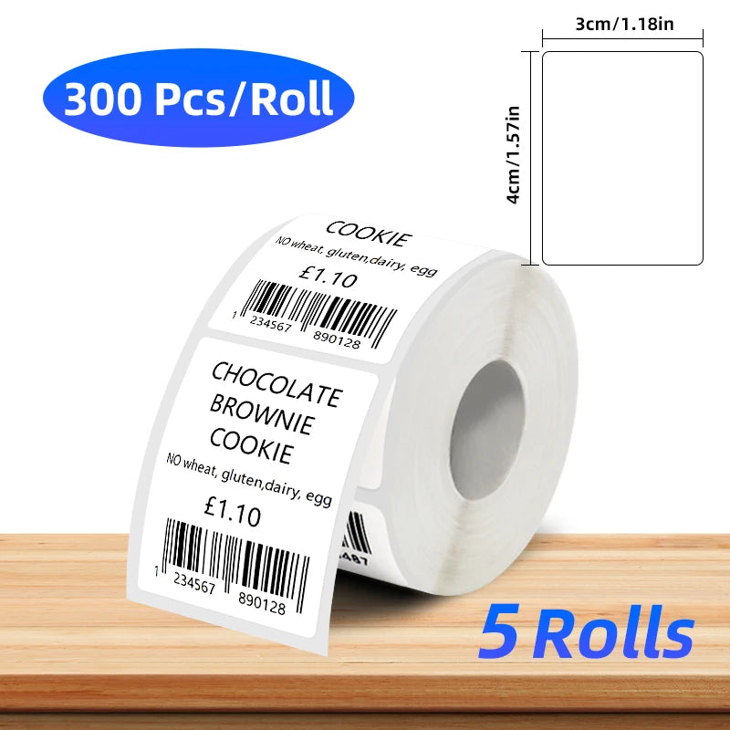 5 Rolls of Thermal Label Paper, Coreless White Self-Adhesive Waterproof Stickers, Suitable for Portable Handheld Printers - for Barcodes, Addresses, Shipping, Corporate Offices, Commercial and Home Labels 30*20mm 30*30 40*20