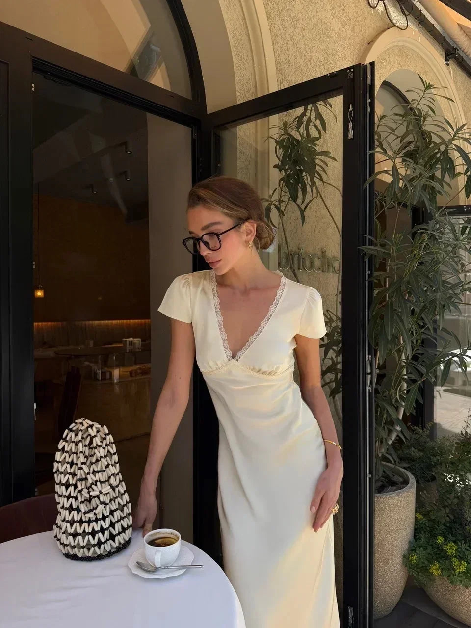 Women Elegant Satin Lace Trim Midi Dress Solid Lace Patchwork Short Sleeve V-neck Summer Dresses 2026 Summer New Holiday Robes