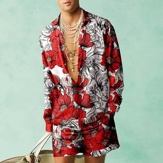 2PCS Suits Men Fashion Shirts+Shorts Two Piece Sets Hawaii Shirts Luxury European Shirt Sets Beach Vocation Outfits Streetwear