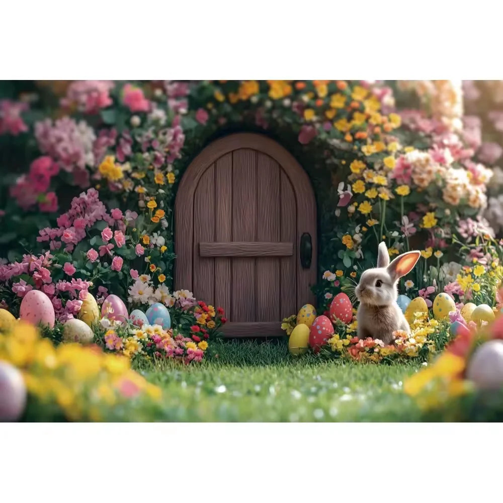 Happy Easter Day Photography Background Blue Wood Board Easter Egg Spring Flower Rabbit Kid Birthday Portrait Photocall Backdrop