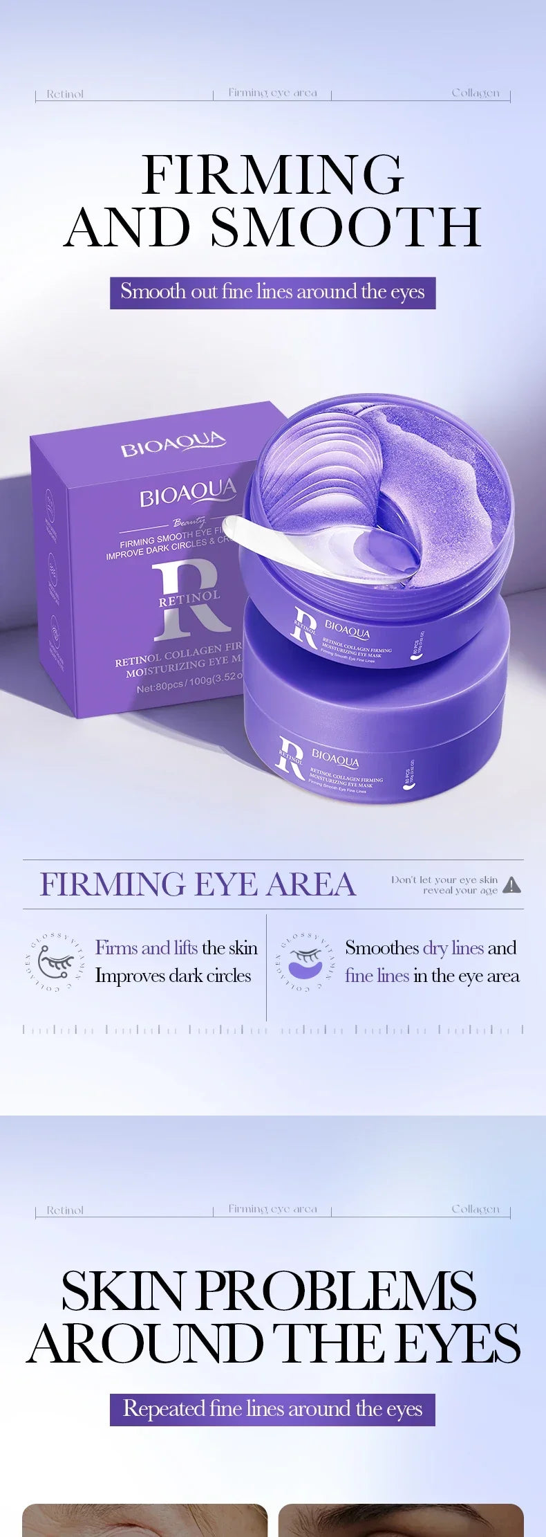 80pcs/40pair BIOAQUA Collagen Niacinamide/Retinol/Vitamin C Eye Mask Brightening Hydrating Anti Aging Under Eye Patches