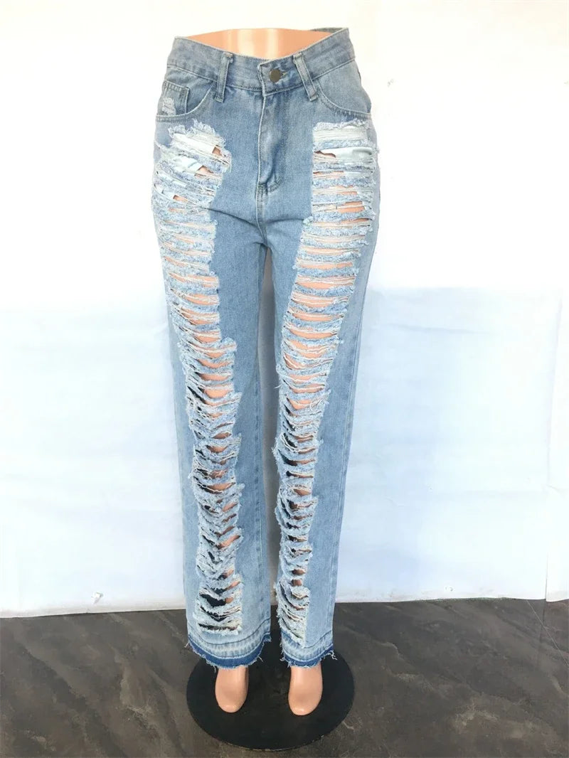 Fashion Ripped Jeans Summer Clothes Women 2024 High Waist Broken Holes Denim Trousers Streetwear Cutout Straight Leg Jean Pants