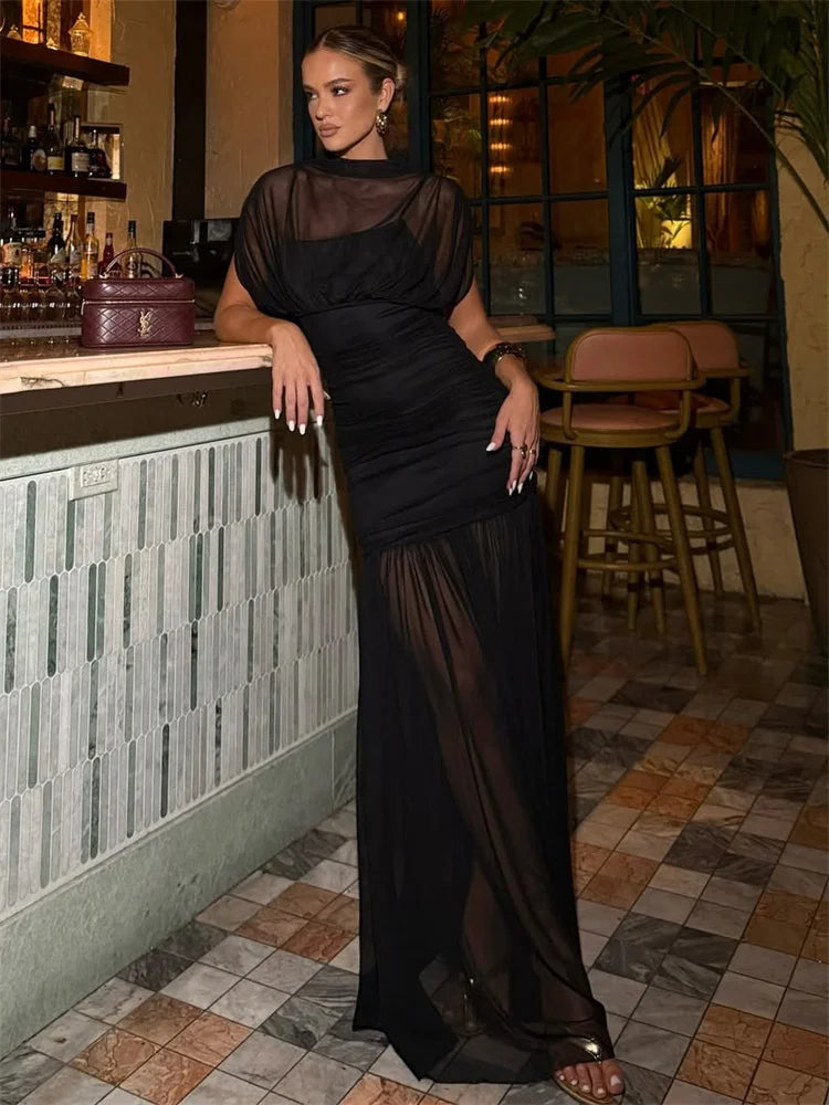 Tossy Black Mesh Fashion Maxi Dress For Women Sleeveless See-Through Patchwork Pleated Party Dress Female Autumn Long Dress 2025