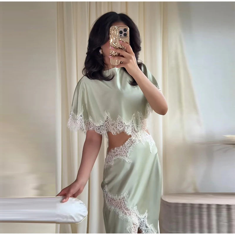 Lightweight Chiffon V-Neck Lace Insert Waist Maxi Dress Cutout Puff Sleeve 2026 Summer Women Party Dress Trendy Chic Lady Outfit