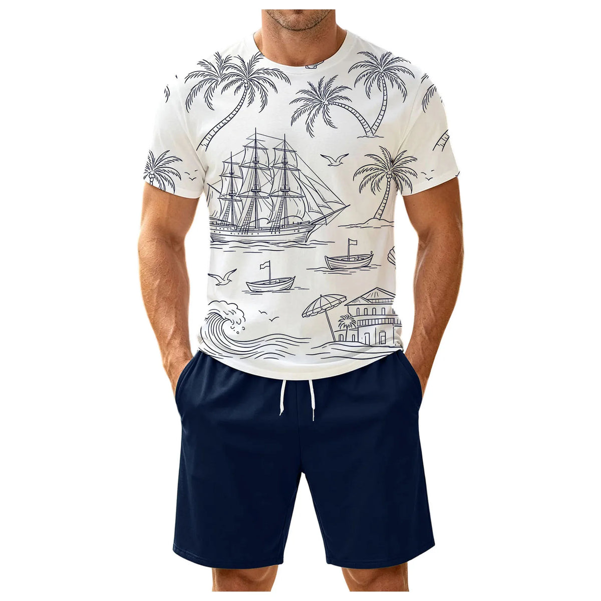 Men's Two Piece Set: Fun Printed Short Sleeved T Shirt And Belt Shorts Stylish And Simple Printed Set Tuxedo Suit Set for Men
