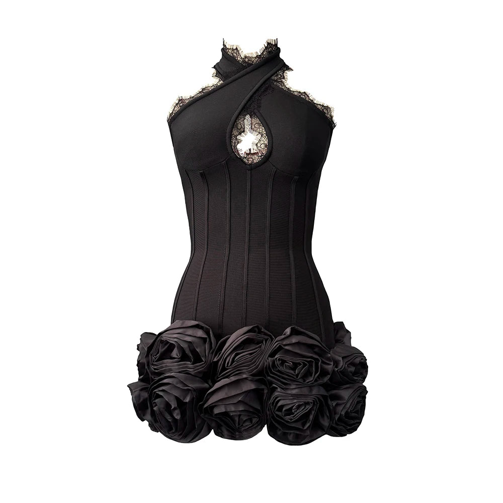 Women Sexy Hollow Out Lace Patchwork Bandage Dress Fashion Flowers Club Party Mini Dresses