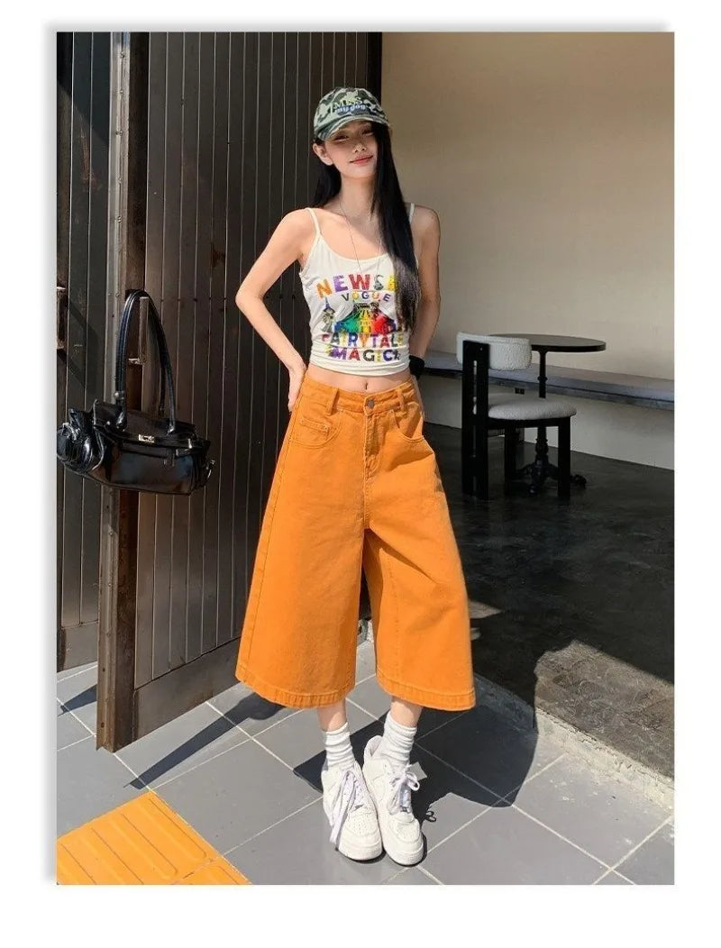 Retro High Waist Wide-leg Jeans Women Summer New Fashion Loose Straight Calf-Length Denim Pants Female Orange Whiter Cowboy Pant