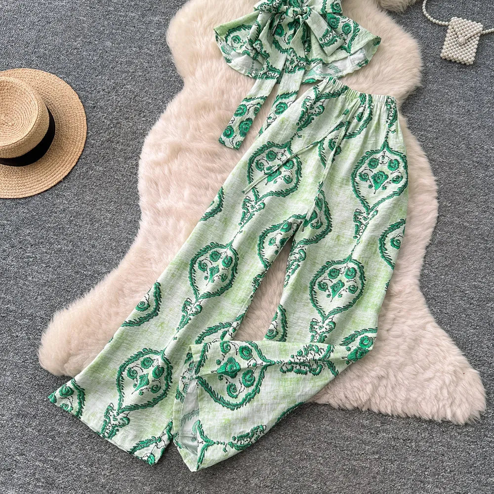 SINGREINY Boho Print Vacation Suits Summer 2026 Sleeveless Lace Up Tank Top+Loose Wide Leg Pant Chic Lazy Casual Women 2pcs Sets