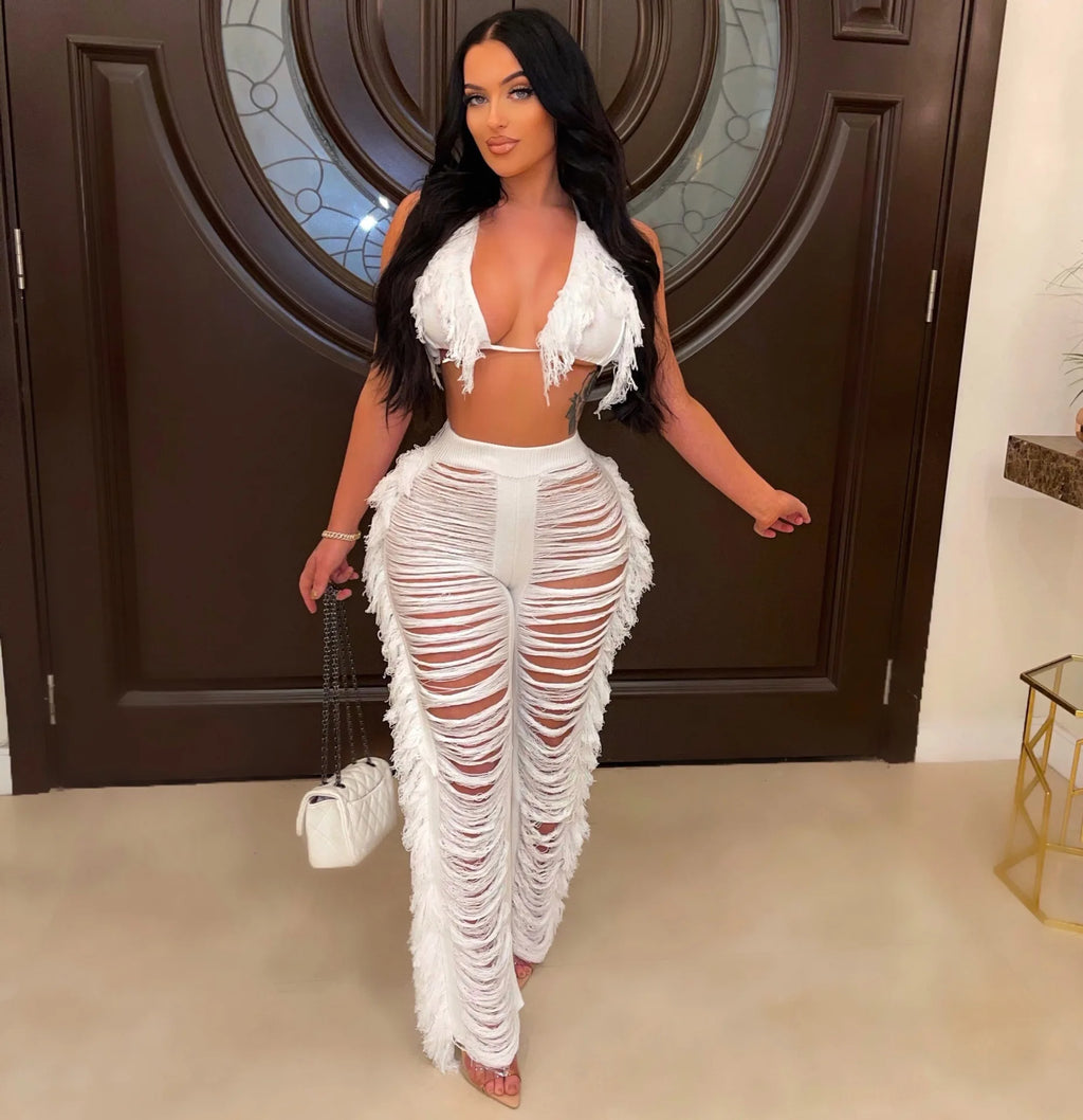 Sexy Women 2025 Knitted Set Two Piece Set Halter Backless Bra Crop Top Pants Crocheted 2 Pieces Set Hollow Out Crochet Beach Set