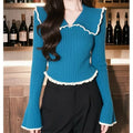 2025 Spring Lapel Lace Flared Sleeve Blue Sweater Korean Top