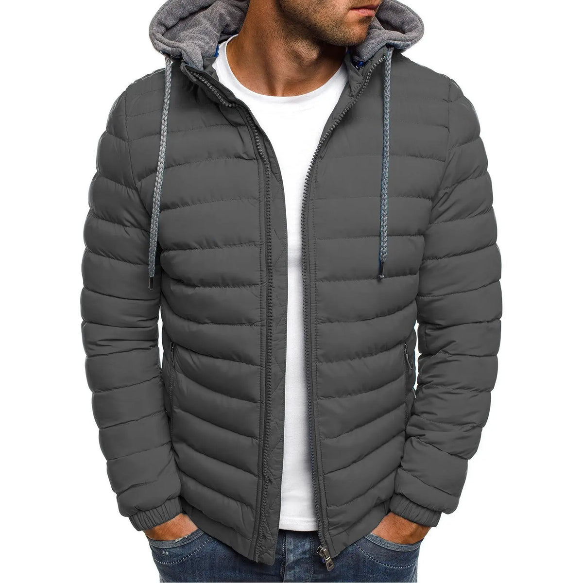 New men's cotton padded parka coat for autumn and winter men's solid color warm hooded zipper hooded coat