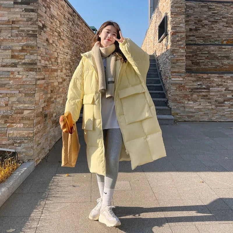 2024 New Korean Women's Jacket Winter Parkas Loose Hooded Cotton Padded Female Long Down Jacket Thicken Oversize Puffer Coats