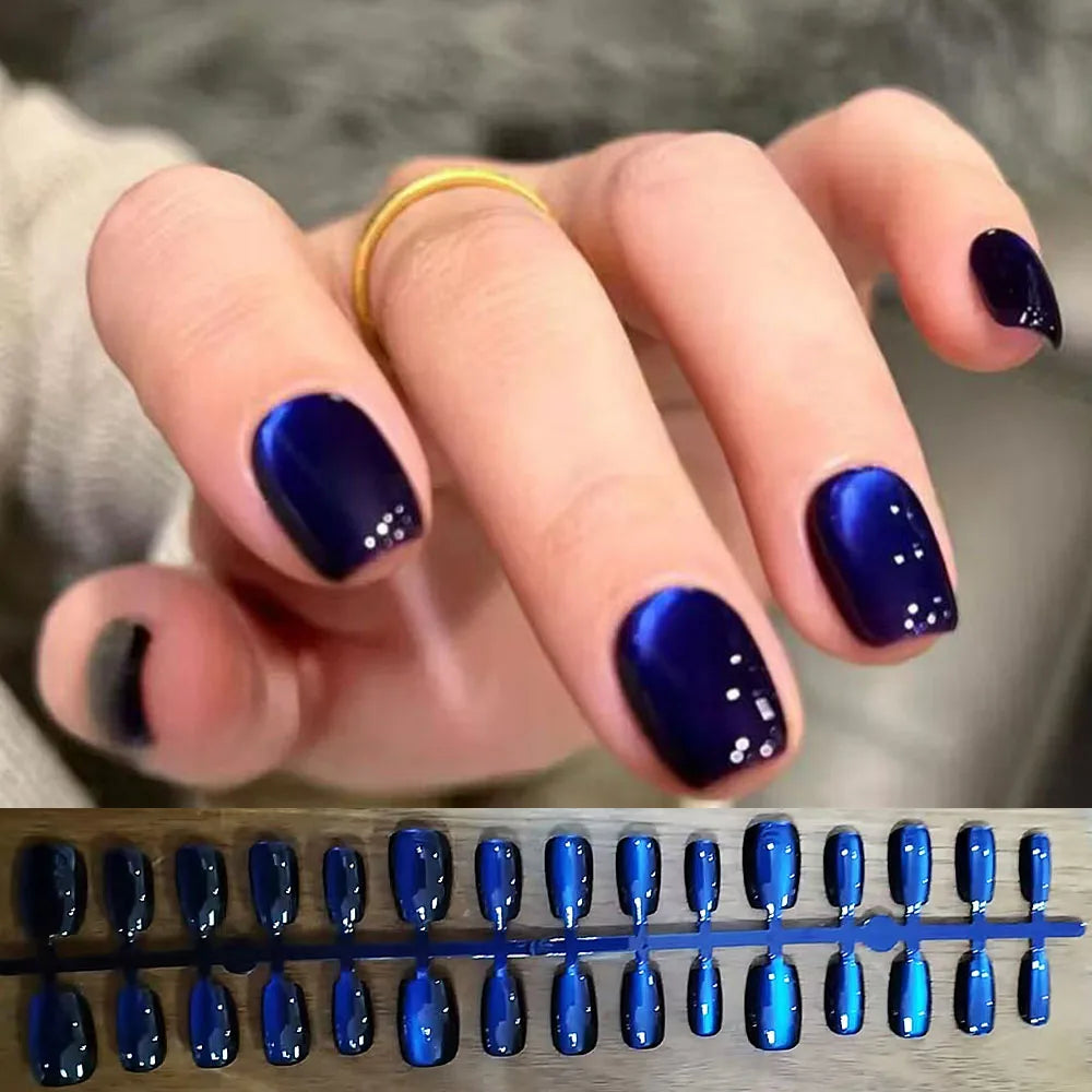 30pcs Deep Blue Cat Eye Gel Fake Nails XS/S/M Full Cover Square Short Shape Design False Nails Autumn Winter Blue Press On Nails