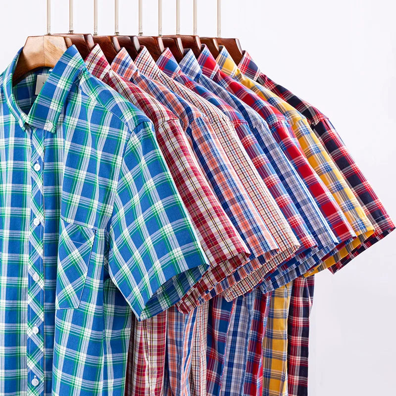 Fashion Korean Plus Size 8XL 100%Cotton Short Sleeve Shirts for Men Slim Fit Formal Plain Shirt Plaid Hawaiian Shirt Casual Top
