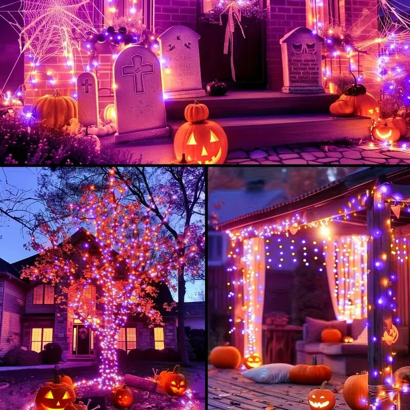 45.93ft 120LED Halloween Purple Orange LED Solar Fairy Lights Outdoor Waterproof Hanging Garden Light Fence Terrace Porch Decor