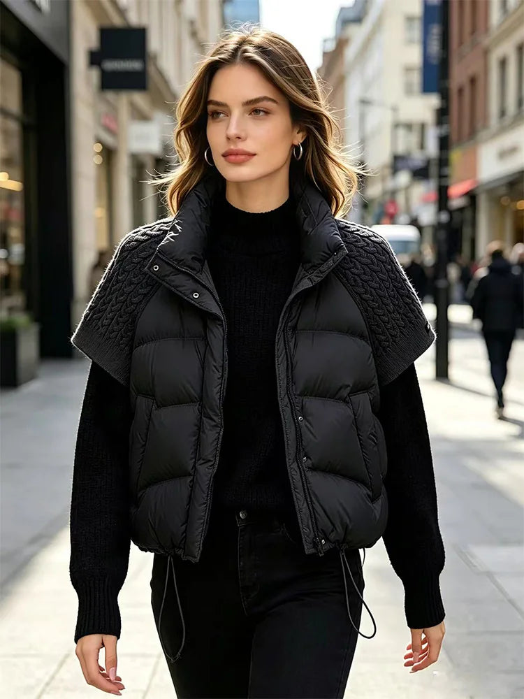 Janveny 2026 New Winter Turtleneck White Duck Down Vest Women Patchwork Knitted Warm Drawstring Short Soft Puffer Down Waistcoat