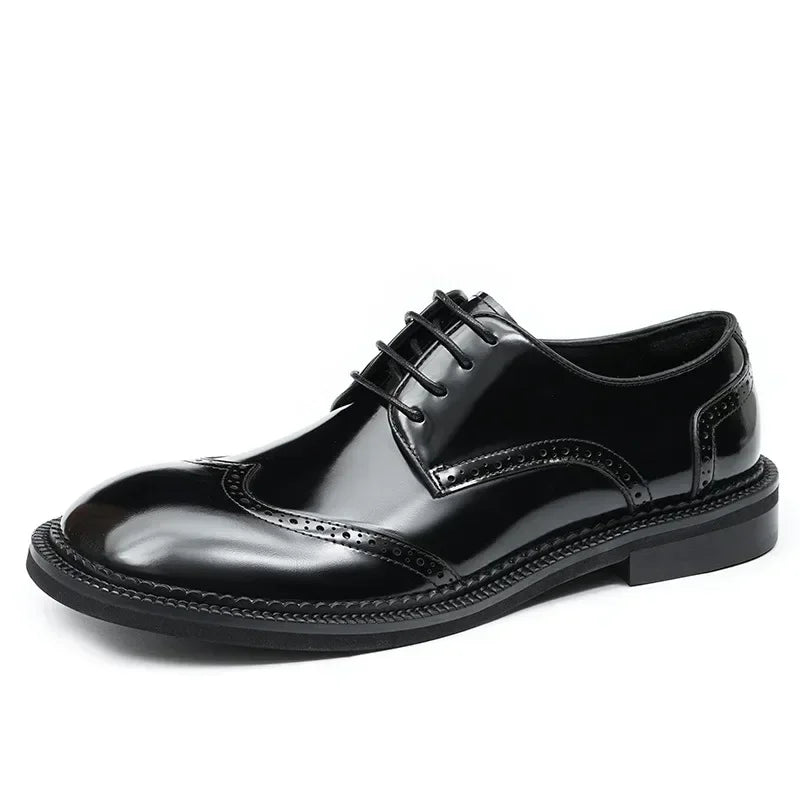 Retro Mens Dress Brogues Shoes Luxury Genuine Leather Round Toe Handmade Fashion Flat Autumn Black Wedding Social Shoes Man 2025