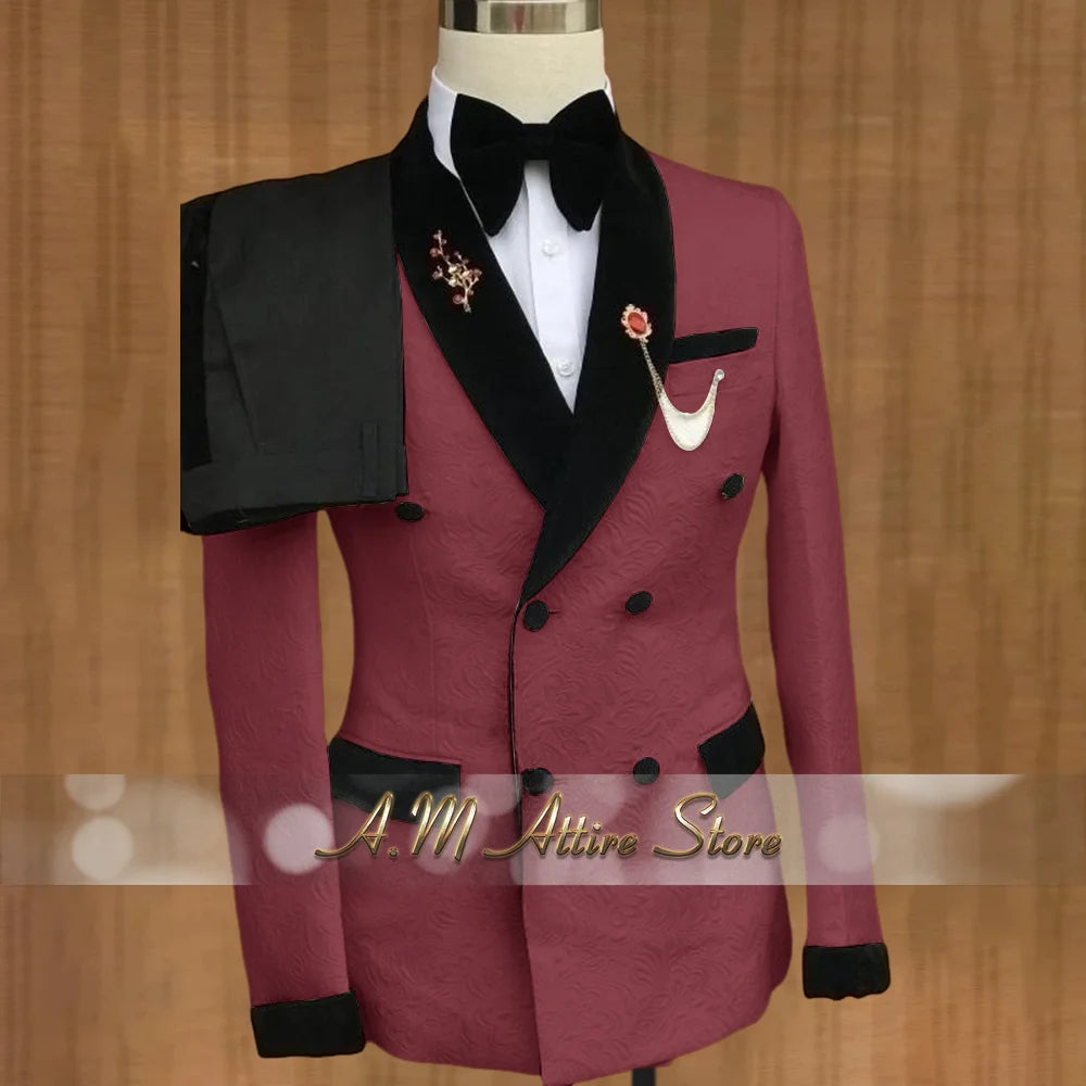 Luxury Wedding Attire for Men Tailored White Jacquard Suit with Black Velvet Shawl Lapel Accents for Grooms & Bridal Party 2PCS